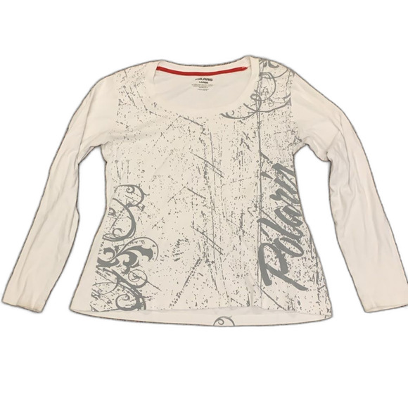 Polaris White with Gray Swirl Logo Long Sleeve Scoop Neck Cotton Tee Size L - Picture 1 of 9